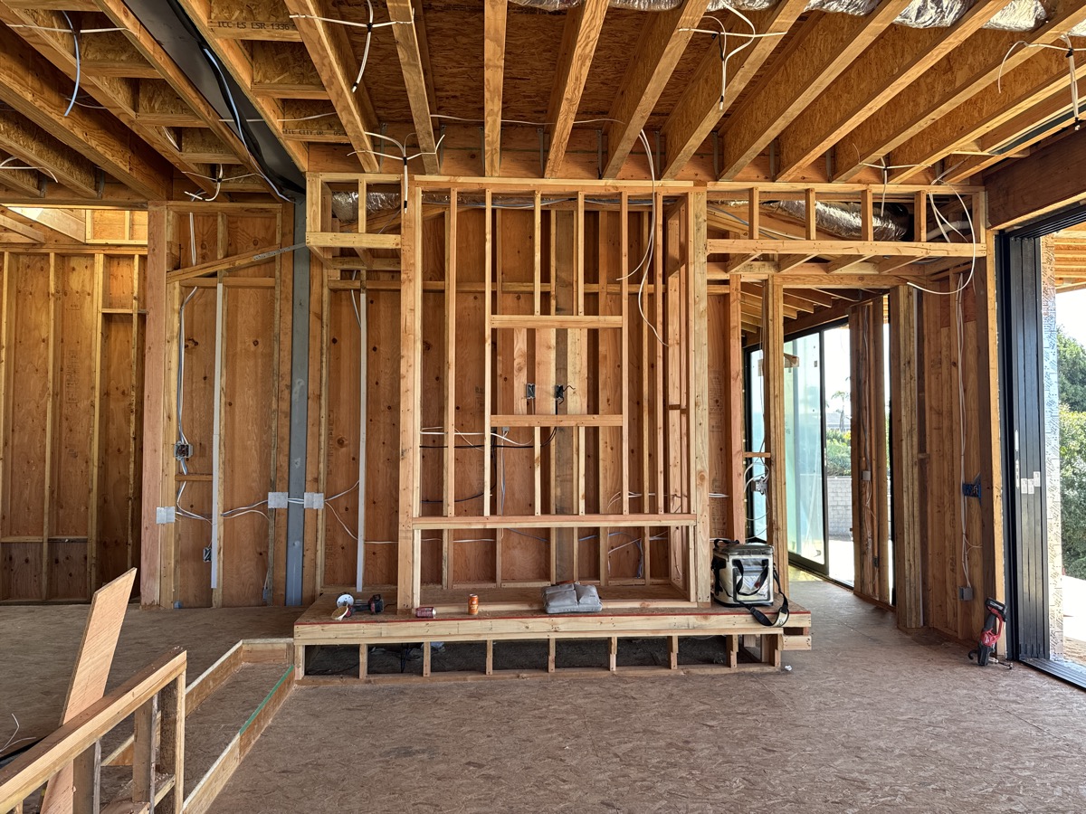 Interior framing for custom home remodel in San Diego